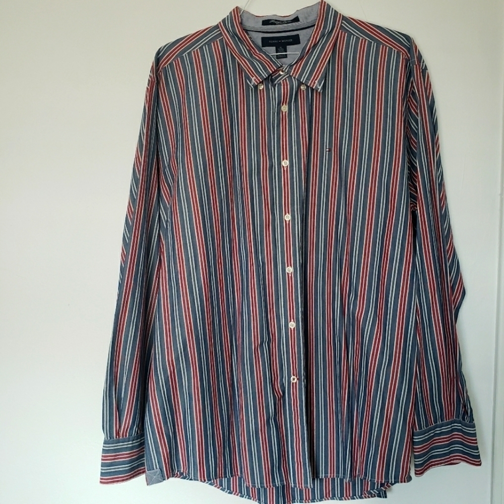 Tommy Hilfiger Heritage Poplin 90s Striped Deep Blue & White Dress Shirt Size XL